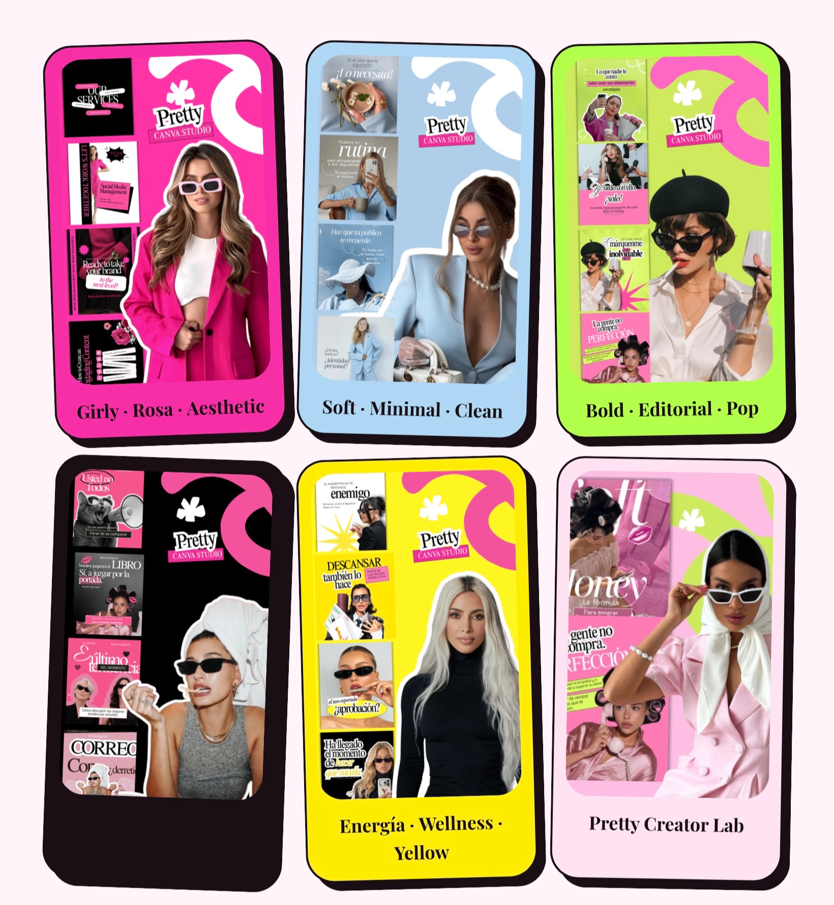 Colección de packs de plantillas Canva de Pretty Canva Studio en rosa, azul, verde, negro, amarillo y nude