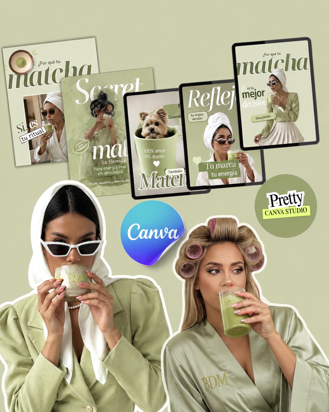Ejemplo de pack de plantillas Canva en tonos matcha verde